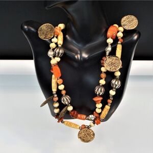 Vintage Polished Stones Agate Quartz Bovine Carved Beads Double Strand Necklace